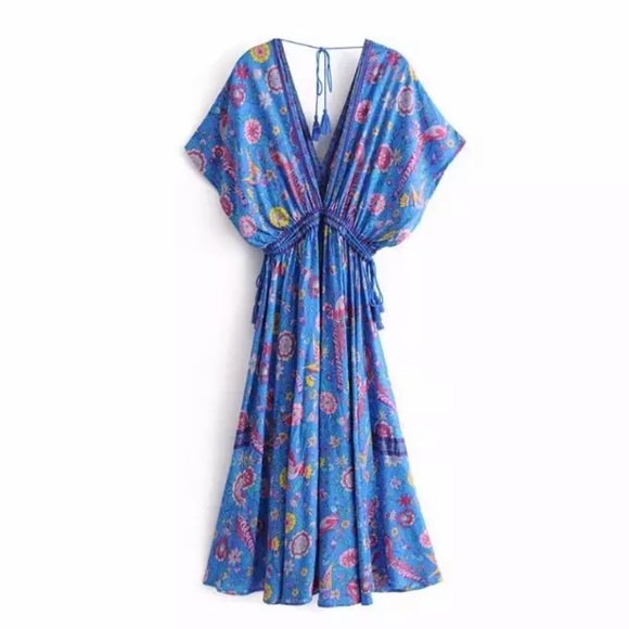 Boho Floral Bird Gypsy Print Maxi Long Dress - Picture 5 of 12